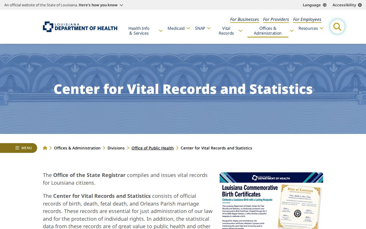 Louisiana vital records access for East Baton Rouge Parish