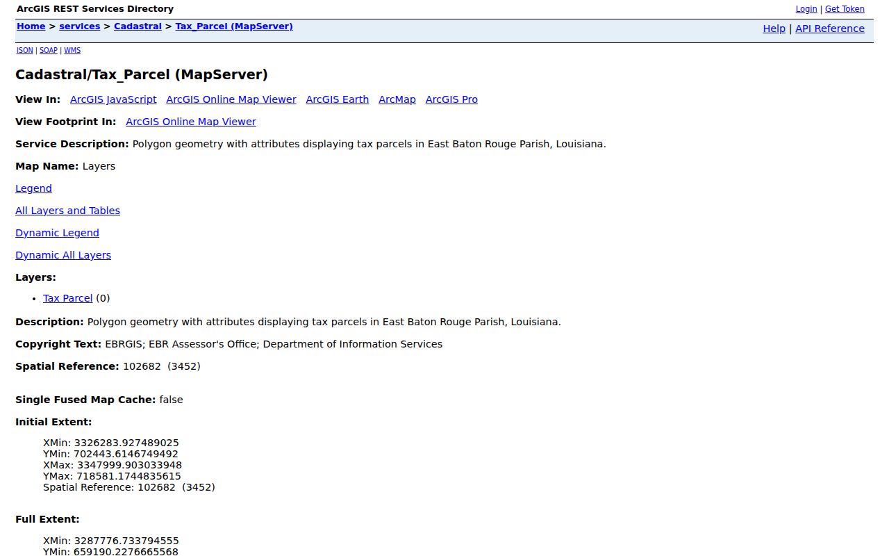 EBRGIS tax parcel geometry service for mapping nearby East Baton Rouge parcels