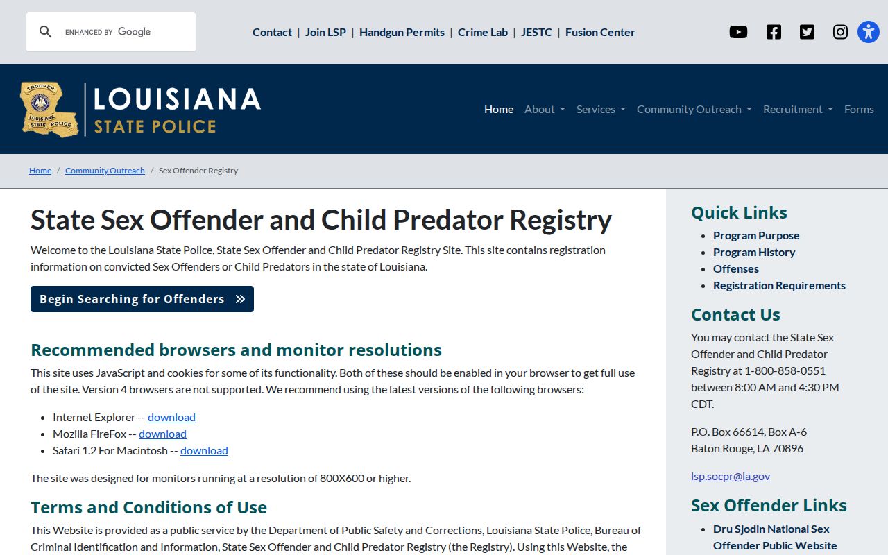 Louisiana State Police official registry warning and lookup entry