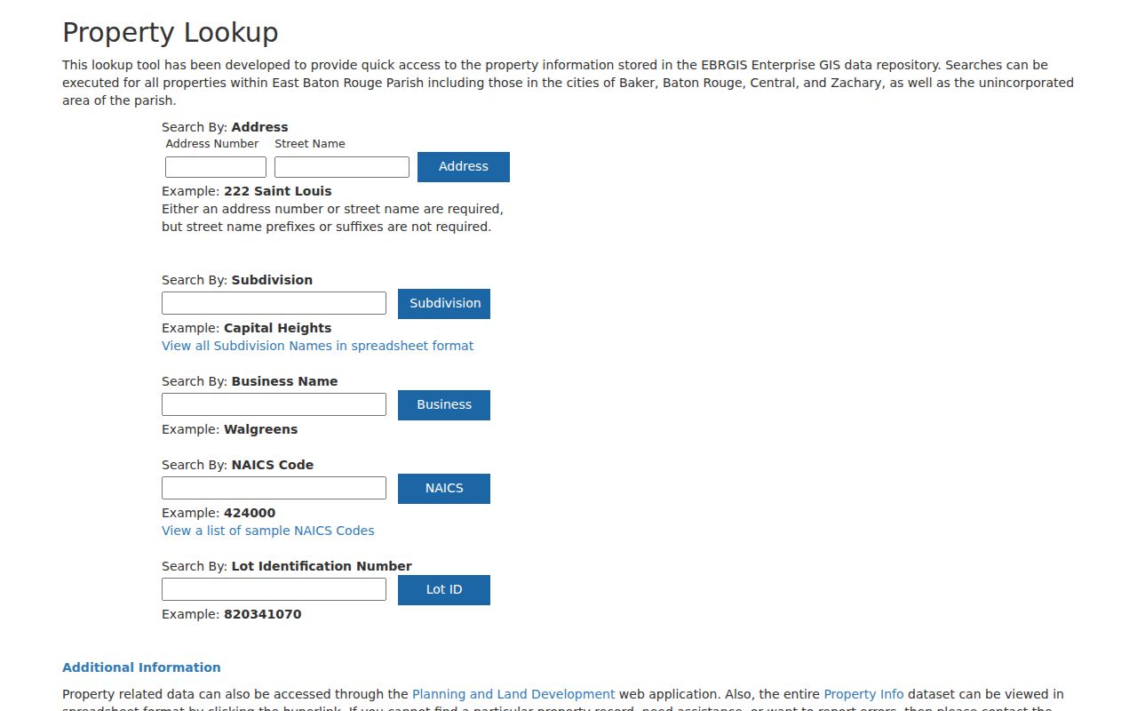 City-Parish property lookup covering East Baton Rouge Parish streets