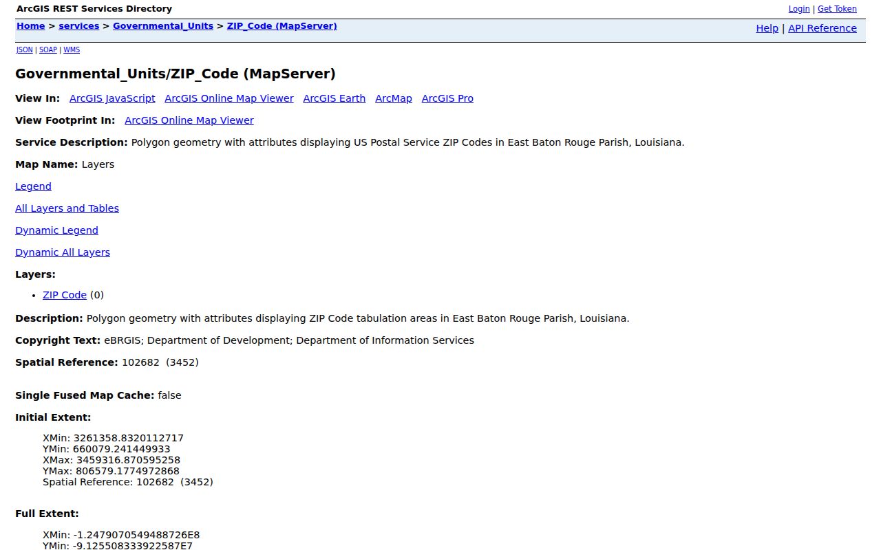 Official East Baton Rouge Parish ZIP map service layer