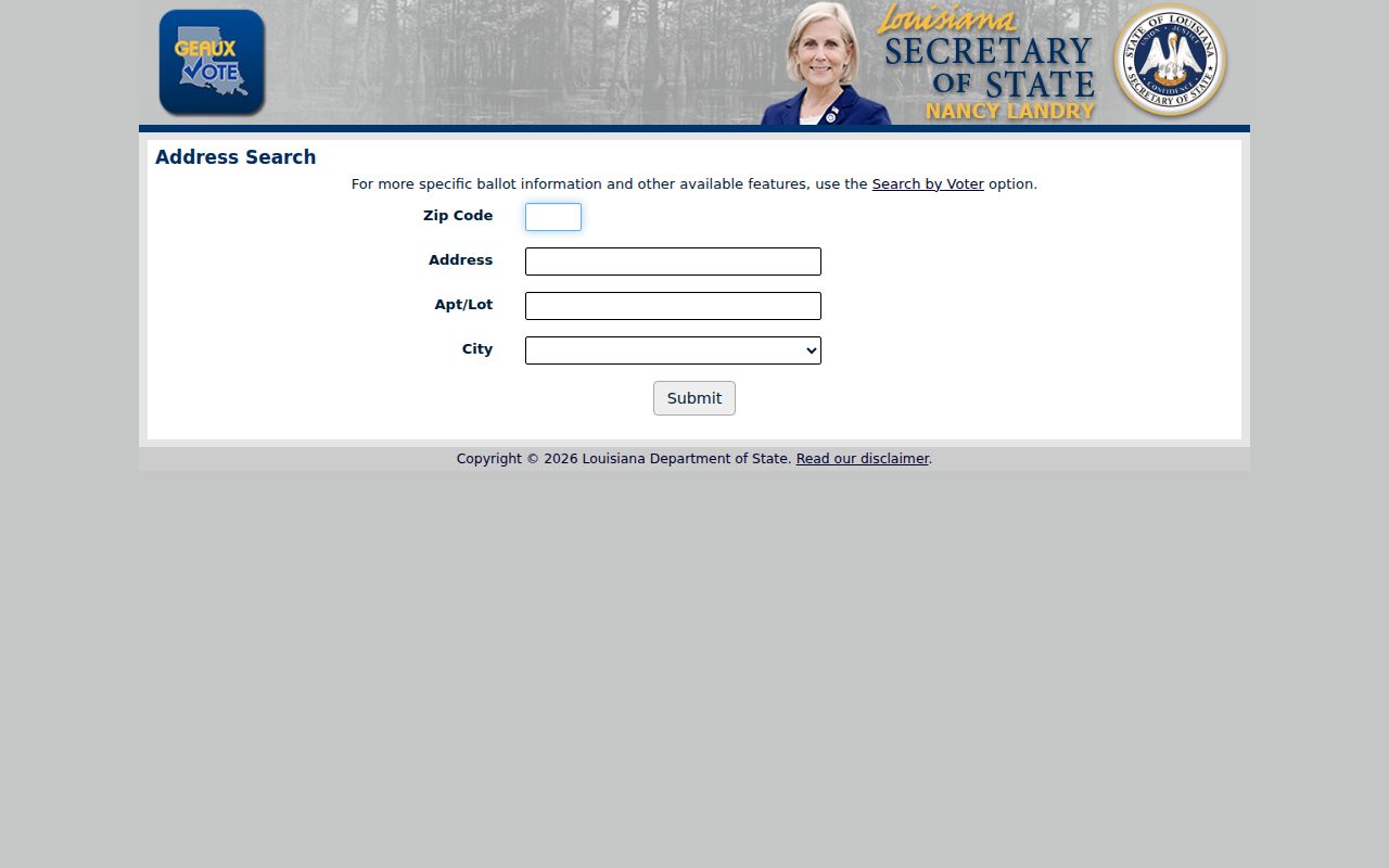 Louisiana voter address lookup with ZIP and East Baton Rouge address fields
